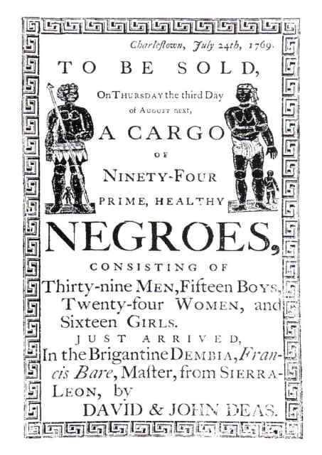 To be sold! A Cargo of Ninety-Four prime, Healty NEGROS, sales poster for slaves
